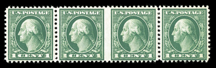 498b, 1c Green, horizontal pair, imperforate between, strip of four with the error pair being in the middle, deep intense color, usual centering, o.g., n.h., a fine example of
this rarely offered Washington-Franklin error 2008 PF certificate.