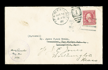 499f, 2c Rose, Ty. I, A.E.F. booklet pane, unusually well centered top margin single, tied by U.S. Postal Service four-bar postmark of Army Post Office No. 2 with clear August
7, 1917 date, the earliest documented usage of this very rare issue