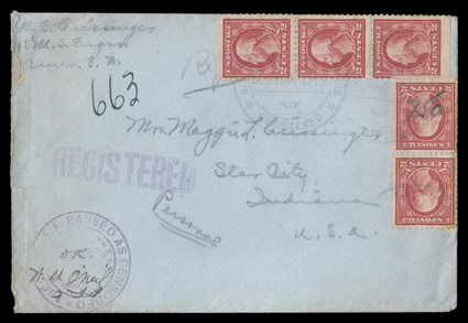 499f, 2c Rose, Ty. I, A.E.F. booklet pane, bottom margin vertical pair and strip of three from the pane of thirty, tied by U.S. Military Postal Express ServiceRegisteredNo.
7505 Nov 1918 violet c.d.s. postmarks on registered cover to Star C