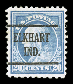 515d, 20c Light ultramarine, perforated 10 at bottom, used, with Elkhart, Ind. pre-cancel, fresh color, very fine.This is one of the rarest 20th Century perforation varieties
of the United States, as we have been able to locate only three othe