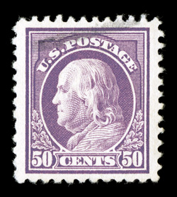 517, 50c Red violet, used, exceedingly well centered within oversized margins, bright color, light face-free cancel, extremely fine 2009 PSE certificate (XF-Superb 95 Jumbo SMQ
$90.00 for 95 and $290.00 for 98).