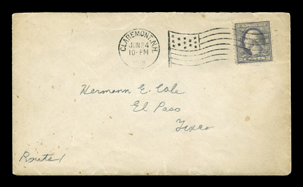 529a, 3c Violet offset, Ty. III, double impression, nice single showing two distinct impressions, tied to cover to El Paso, Texas by Claremont, N.H. flag machine cancel being
the June 24, 1918 earliest documented usage, very fine cover this