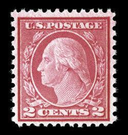 539, 2c Carmine rose coil waste, Ty. II, perf. 11x10, much better centering and larger margins than normally encountered on this terribly difficult stamp, exceedingly bright
color and a crisp detailed impression, fresh clean o.g., lightly hinged