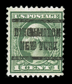544, 1c Green coil waste, perf. 11, used, with Binghamton, N.Y. pre-cancel, bright color, usual centering, diagonal crease ending in a small tear, small perf. faults, fine
appearance a presentable example of this rare coil waste stamp 2009 PF