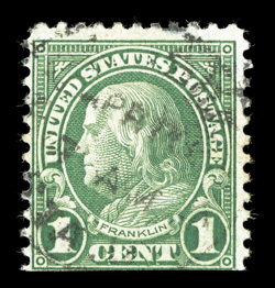 594, 1c Green coil waste, lightly cancelled, clipped perfs. at bottom, overall a collectable example of this rare 20th Century stamp 1950 and 2009 PF
certificates.