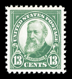 622, 13c Green, flawlessly centered within large margins, brilliant color on immaculate white paper, pristine o.g., n.h., superb 2009 PSE certificate (Superb 98 SMQ
$230.00).