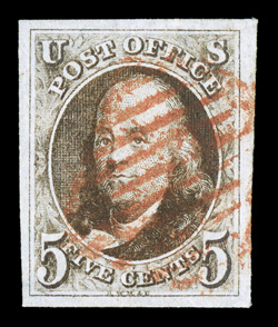 1a, 5c Dark brown, an especially attractive used single, featuring four exceptionally large and even margins, sumptuously rich color and a well incised impression, bright red
square grid cancel, extremely fine a lovely used classic 2007 PSE ce