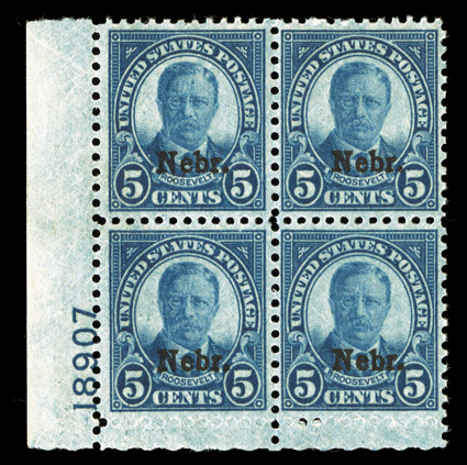 674, 5c Nebr. ovpt., select bottom left corner plate no. 18907 block of four of this underrated value, intensely rich color, very well centered, o.g., n.h., extremely
fine.
