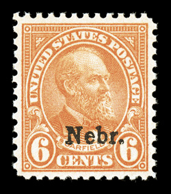 675, 6c Nebr. ovpt., excellent centering within large margins, bright color, o.g., n.h., extremely fine 2007 PSE certificate (XF-Superb 95 SMQ $390.00).