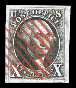 2, 10c Black, an exceedingly choice used example, possessing large to huge margins all around, strong color and a sharp impression, brilliant red grid cancel, an extremely fine
gem 2009 PSE certificate (XF-Superb 95 SMQ $3,450.00).