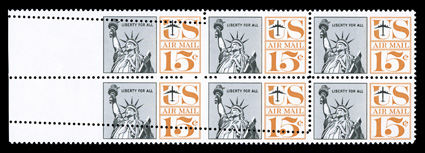 C63c, 15c Statue of Liberty, horizontal pair, imperforate between and at left, the error pair being the bottom left pair in a margin block of six, the error having been caused
by a foldover, o.g., n.h., very fine an important air post error rar