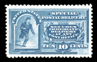 E2, 10c Blue, wonderfully well centered within extravagantly large margins seldom associated with the early special delivery issues, bright color and a sharp impression on
immaculate paper, o.g., n.h., extremely fine premium quality never hinge