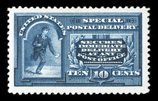E4, 10c Blue, a spectacular mint single that possesses eye-arresting physical characteristics, including enormously large margins all around and being marvelously well centered
within these huge borders, in addition its color is deep and luxuria