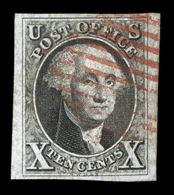 2, 10c Black, a premium quality used single, featuring large to huge margins all around, lovely bright shade and a highly detailed impression, red square grid cancel, extremely
fine and choice.