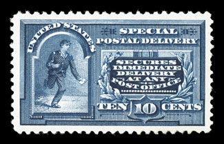 E4, 10c Blue, an eye-catching mint single, not only exceedingly well centered within extravagantly large margins, but it also features deep luxuriant color and a razor-sharp
impression on bright white paper, o.g., lightly hinged, extremely fine