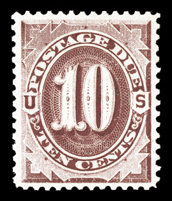 J19, 10c Red brown, sumptuously rich color on crisp white paper, uncharacteristically well centered and margined, o.g., lightly hinged, extremely fine 2007 PSE certificate (XF
90 OGph SMQ $840.00).