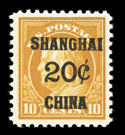 K10, 20c on 10c Orange yellow, extraordinarily well centered within uncharacteristically large margins, vibrant color, pristine o.g., n.h., extremely fine and choice 2005 PSE
certificate.
