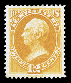 O6, 12c Agriculture, exceedingly well centered within extravagantly large margins all around, brilliant color, o.g., extremely fine a highly desirable mint example 2007 PF
certificate.