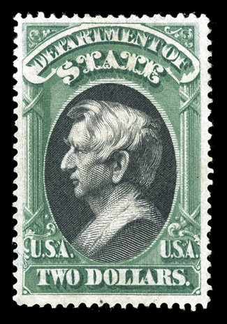 O68, $2.00 State, well centered within particularly large margins, strong colors, o.g., tiny natural inclusion in the bottom margin, very fine clear 1997 PF
certificate.