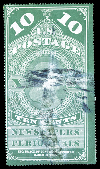 PR2, 10c Blue green, very rare used example bright color, blue brush stroke cancel, surface scrapes and a couple other trivial flaws as always, fine appearance 2005 PF
certificate.