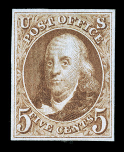 3, 5c Red brown reproduction, without gum as issued, full well balanced margins all around, bright color, very fine.
