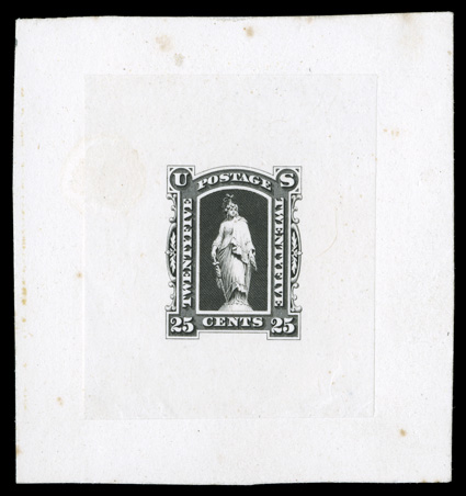 PR9-E2 var., 25c Black, nearly complete die essay on India, mounted on card measuring 64x68mm, this being the missing link between the model (offered in the previous lot) and
the essays now listed as Scott PR9-E2ab, when compared to those es