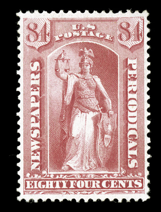PR22, 84c Rose, an outstanding mint example of this scarce and terribly difficult newspaper stamp, being incredibly well centered, plus its color is uncharacteristically bright
and fresh, full original gum, trivial h.r., extremely fine certai