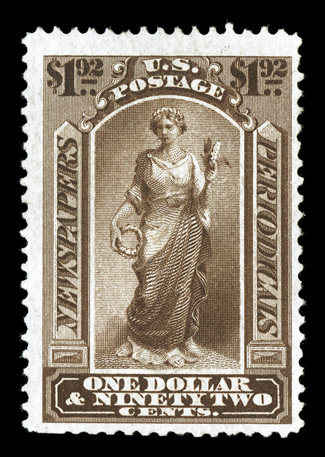 PR48, $1.92 Dark brown special printing, without gum as issued, an exceptionally choice example of this immensely rare newspaper special printing, being wonderfully well
centered within much larger margins than usual, gorgeous rich luxuriant col