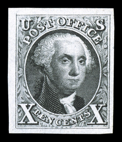 4, 10c Black reproduction, without gum as issued, an especially select example, possessing exceptionally large margins all around which are most unusual, marvelously fresh with
prooflike color and impression, an extremely fine gem 1991 PF certi