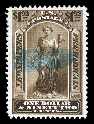 PR71, $1.92 Pale brown, a fabulous used example of this stamp, being extraordinarily well centered within incredibly wide margins, plus its color is deep and luxuriant, while
the impression is high detailed, light blue brush stroke cancel, extre