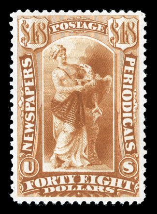 PR78, $48.00 Yellow brown, handsome mint single, exceedingly well centered within large margins, sumptuously rich color and a strong impression, o.g., lightly hinged, extremely
fine 1998 PF certificate.