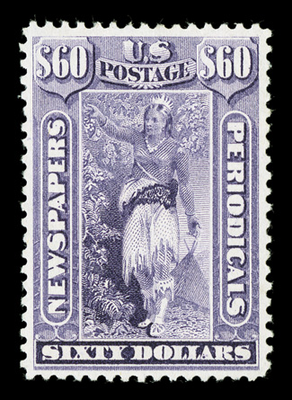 PR79, $60.00 Purple, especially well centered and margined, rich luxuriant color and a crisp detailed impression on bright paper, o.g., lightly hinged, an extremely fine and
choice example of this newspaper high value 2002 PF certificate.