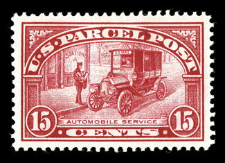 Q7, 15c Parcel Post, gem mint single, featuring lavishly large and perfectly balanced margins all around, radiant rich color, o.g., extremely fine 2009 PSE certificate (Superb
98 Jumbo OGh SMQ $335.00 for 98) the highest grade the PSE has a