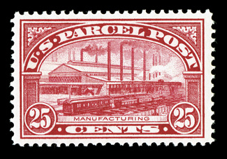 Q9, 25c Parcel Post, uncommonly well centered within wide margins, rich color, o.g., n.h., extremely fine 1999 PF certificate and a 2007 PF certificate (XF 90).