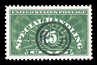 QE4, 25c Special Handling, select quality used example, outstanding centering within large margins, deep color and a razor-sharp impression, neat target cancel, extremely fine
gem 2009 PSE certificate (Superb 98 SMQ $180.00) the sole used e