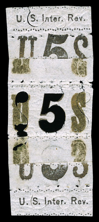 Turner Essay 45, 5c Blue Internal Revenue essay with center numeral cut out and gilded U and S, a spectacular unfolded strip, original crackly gum, a couple very fine an
extremely rare and desirable revenue essay.
