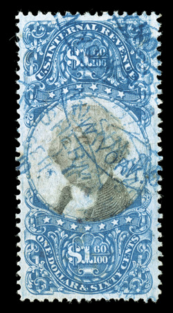 R121, $1.60 Blue and black, exceedingly well centered and margins, strong rich colors, blue handstamp cancels, certificate mentions a nibbed perf. at bottom which is very
trivial, extremely fine and most attractive 2006 PSE certificate.