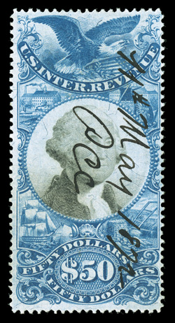 R131, $50.00 Blue and black, deep rich colors and an unusually strong impression, neat 1872 ms. cancel, very fine 1985 PF certificate.