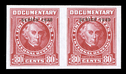 R299a, 80c Carmine with Series 1940 overprint, imperforate, without gum as issued, horizontal pair, very large margins all around, bright and fresh, extremely
fine.