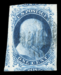 7, 1c Blue, Ty. II, a visually striking used single, sporting immense margins all around including portions of five adjoining stamps, deep luxuriant color and an outstanding
detailed impression on brilliantly white paper, light grid cancel, an e