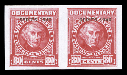 R299a, 80c Carmine with Series 1940 overprint, imperforate, without gum as issued, a similar mint pair, extremely fine.