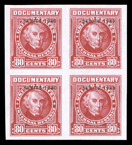 R299a, 80c Carmine with Series 1940 overprint, imperforate, without gum as issued, block of four, large to extra-large margins all around, bright and fresh, extremely
fine.