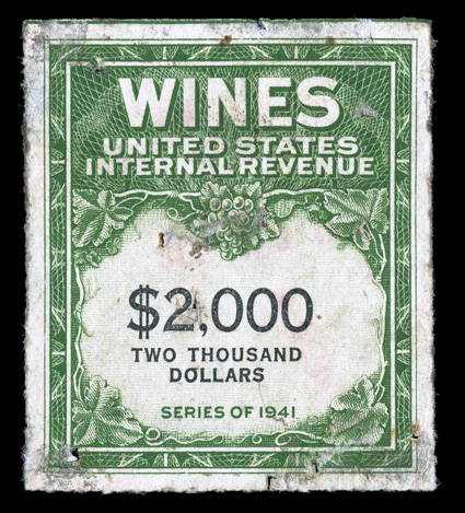 RE167, 169-72, 177, $6.00-$4,000.00 Wine stamps, Series 1941, six key values, well centered group, with usual staple holes, typical mixed condition with faults (mostly small)
or soiling present, very fine appearance.