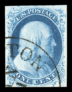 7, 1c Blue, Ty. II, full margins all around, strikingly rich color and a detailed impression on crisp white paper, neatly struck town c.d.s., choice very fine 1984 APS
certificate ex-Morris.