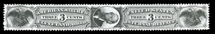 RO11a, American Match Co., 3c Black, a select example of this very scarce stamp, remarkably well centered, rich color and sharp impression on clean white paper, shallow thinned
spot and light vertical crease at center, extremely fine appearance
