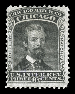 RO60a, Chicago Match Co., 3c Black, good color on fresh paper, thinned spot, fine appearance and scarce.
