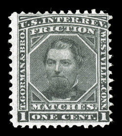RO97a, T. Gorman & Bro., 1c Black, a highly elusive sound example of this rare stamp, typical centering for this, good color and fine impression on uncommonly fresh paper, fine
a mere 29 examples are recorded in the Aldrich census, only 16