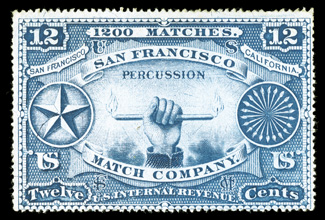 RO165b, San Francisco Match Company, 12c Blue, silk paper, a desirable example of this distinctively designed and always popular issue, with vivid rich color on remarkably
clean and fresh paper, only a trivial tiny thin separates this from being