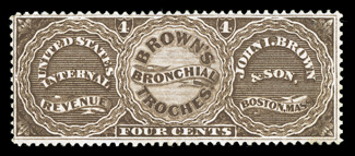 RS41a, John I. Brown & Son, 4c Brown, sumptuously rich color on fresh white paper, small filled thin spot, fine appearance and very scarce only 40 examples recorded in the
Aldrich census.