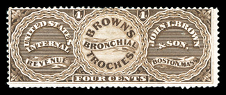 RS41d, John I. Brown & Son, 4c Brown, watermarked, vivid rich color and quite fresh, centered a bit to upper left, small shallow thinned spots and some blunt perfs at base,
very good appearance and very rare a mere 16 examples are recorded